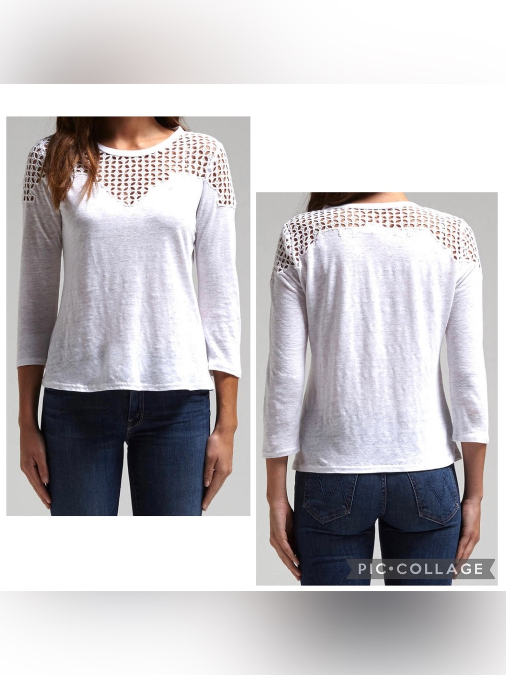 REBECCA TAYLOR Women’s White Linen Blend Crochet Lace Yoke Blouse Top Tee Size L